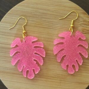 Pink Glitter Leaf Earrings